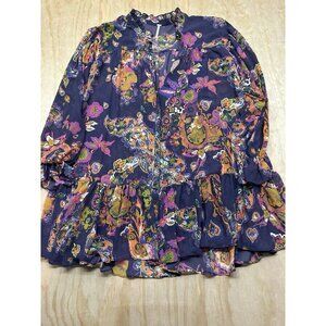 Free People Printed Floral Smock Tunic Dress M Purple Floral Bohemian Ruffles